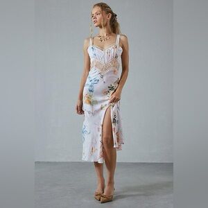 UO Kimchi Blue Liz Lace Trim Satin Slip Midi Dress- Patterned Pink